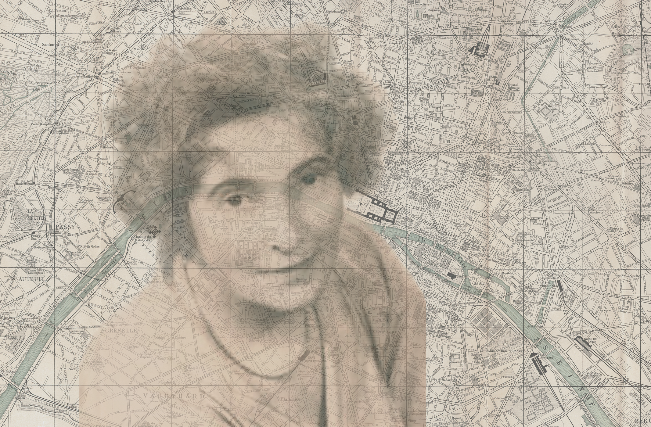 Mina Loy superimposed on Paris map