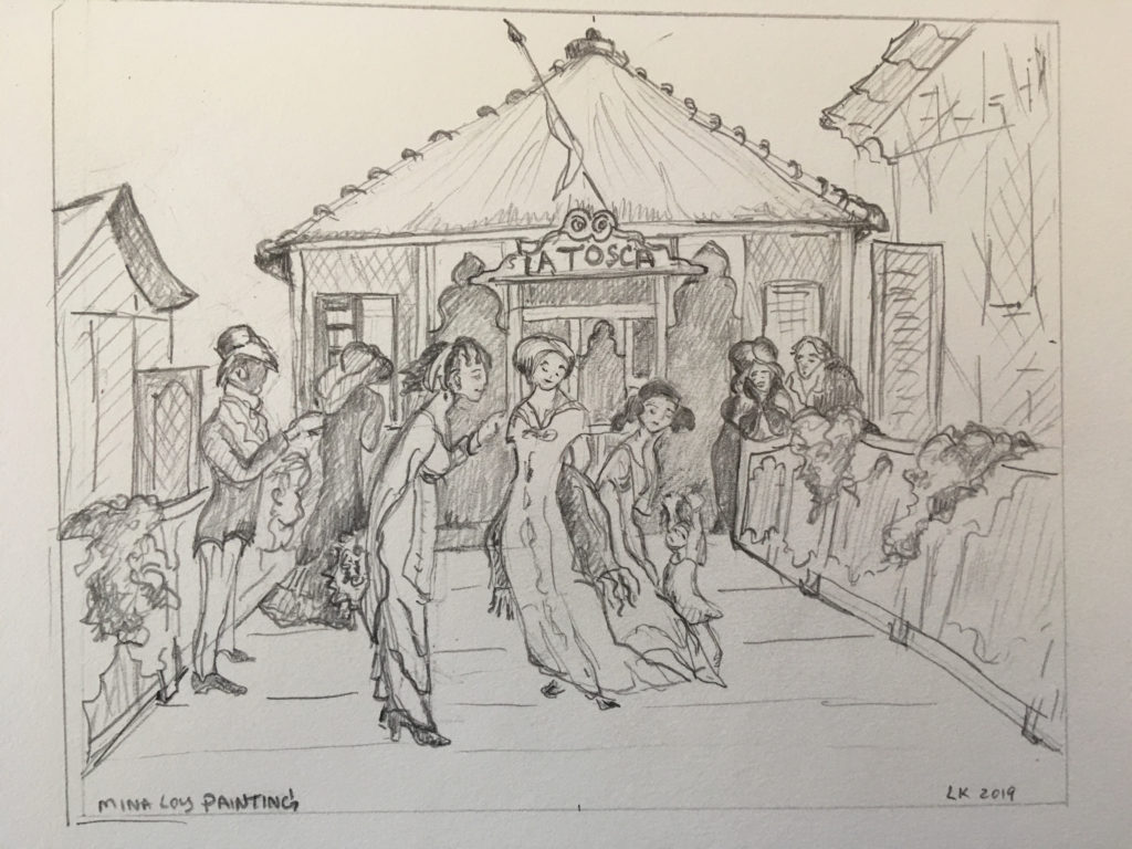 pencil drawing of figures in front of theater