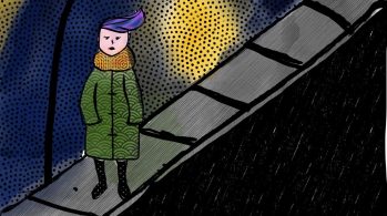 illustration of woman in green coat on sidewalk at night