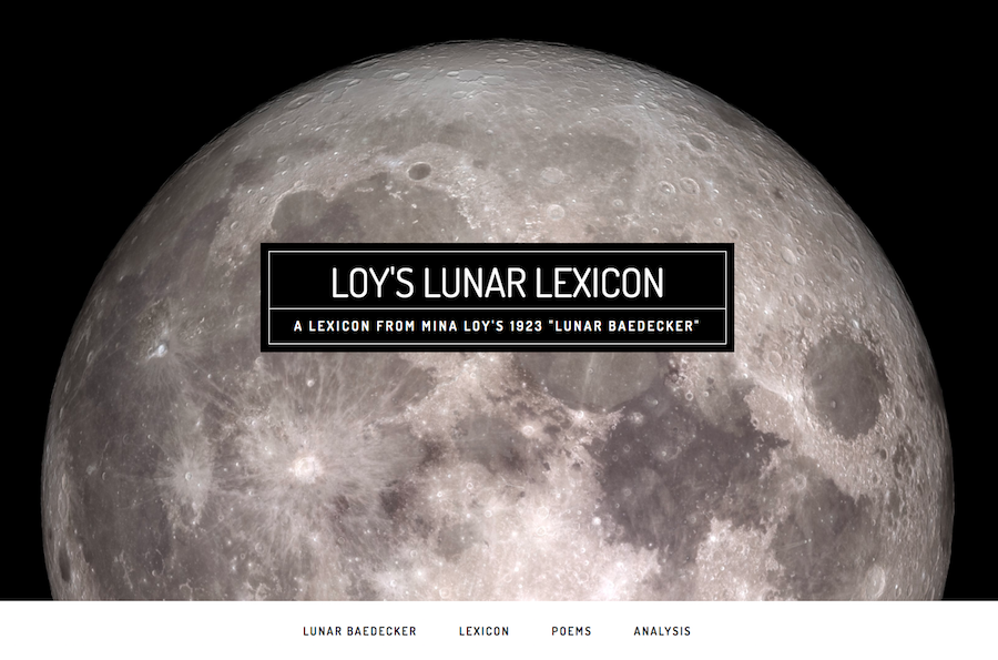 homepage of Loy's Lunar Lexicon featuring large black & white photo of the moon