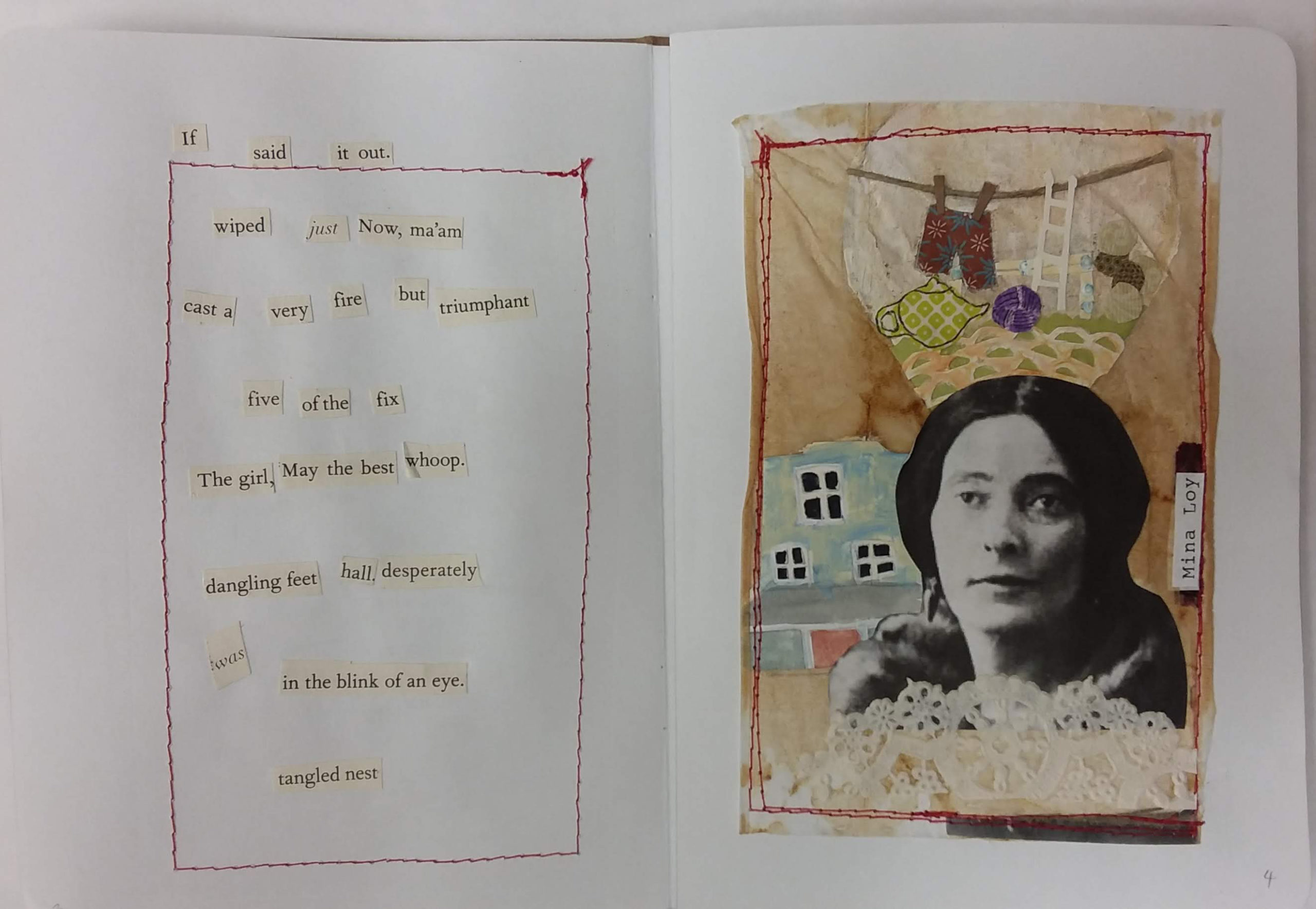 Portrait of Loy by Mary Montgomery-Lee, collaged words and stitched teabags