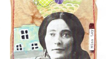 collage with Mina Loy's face superimposed on quilted background of house, laundry line, and domestic objects