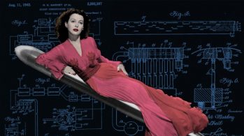 Hedy Lamarr superimposed on electrical diagram