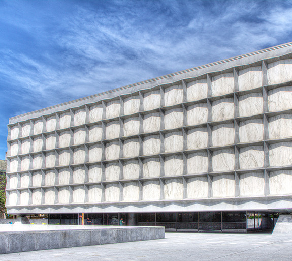 exterior view of Beinecke's grid-like facade